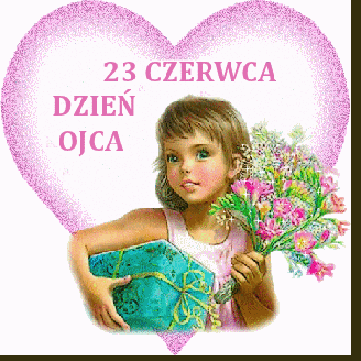 Dziewczynka z prezentem bukiet kwiatów w sercu napis 23 czerwca dzień ojca